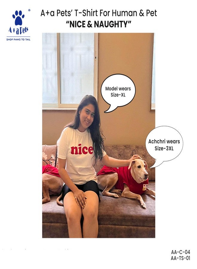 A+a Pets تيشيرت فاخر مطبوع عليه رسومات لحيوانات أليفة من A+a، مناسب للبشر (للجنسين) بنقشة "لطيف" وللحيوانات الأليفة (كلاب وقطط) بنقشة "مشاغب" | نصف كم، رقبة دائرية | قطن (مقاس متوسط للبشر، مقاس صغير جدًا للحيوانات الأليفة، أبيض وأحمر) - Image 2